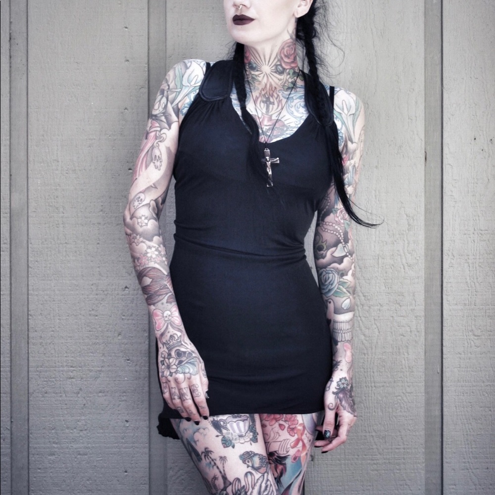 Vintage Black Mini Dress w/ Vegan Leather Straps